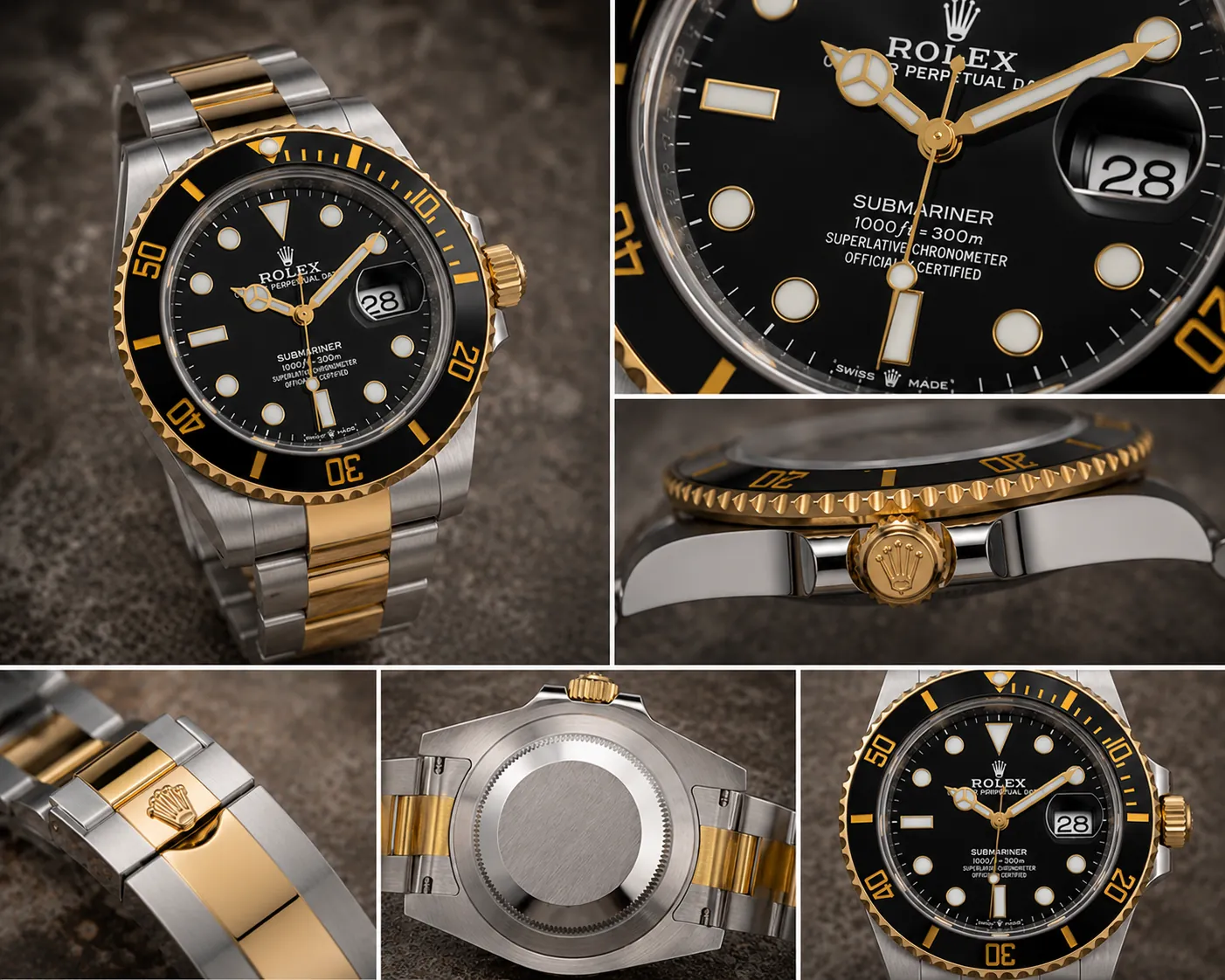 Luxury two-tone Rolex Submariner watch detail collage featuring a black dial with gold accents, ceramic bezel, magnified date window, Oyster bracelet clasp, crown engraving, and stainless steel case back in realistic studio photography.