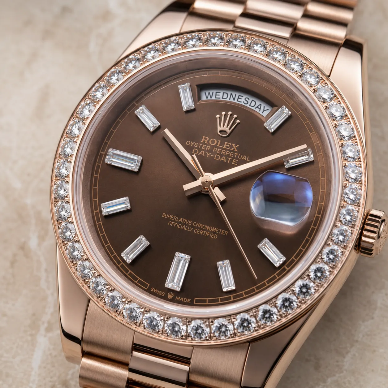 Close-up of a rose gold Rolex Day-Date watch featuring a chocolate brown dial, diamond-set bezel, baguette diamond hour markers, day display, and magnified date window in a luxury studio setting.