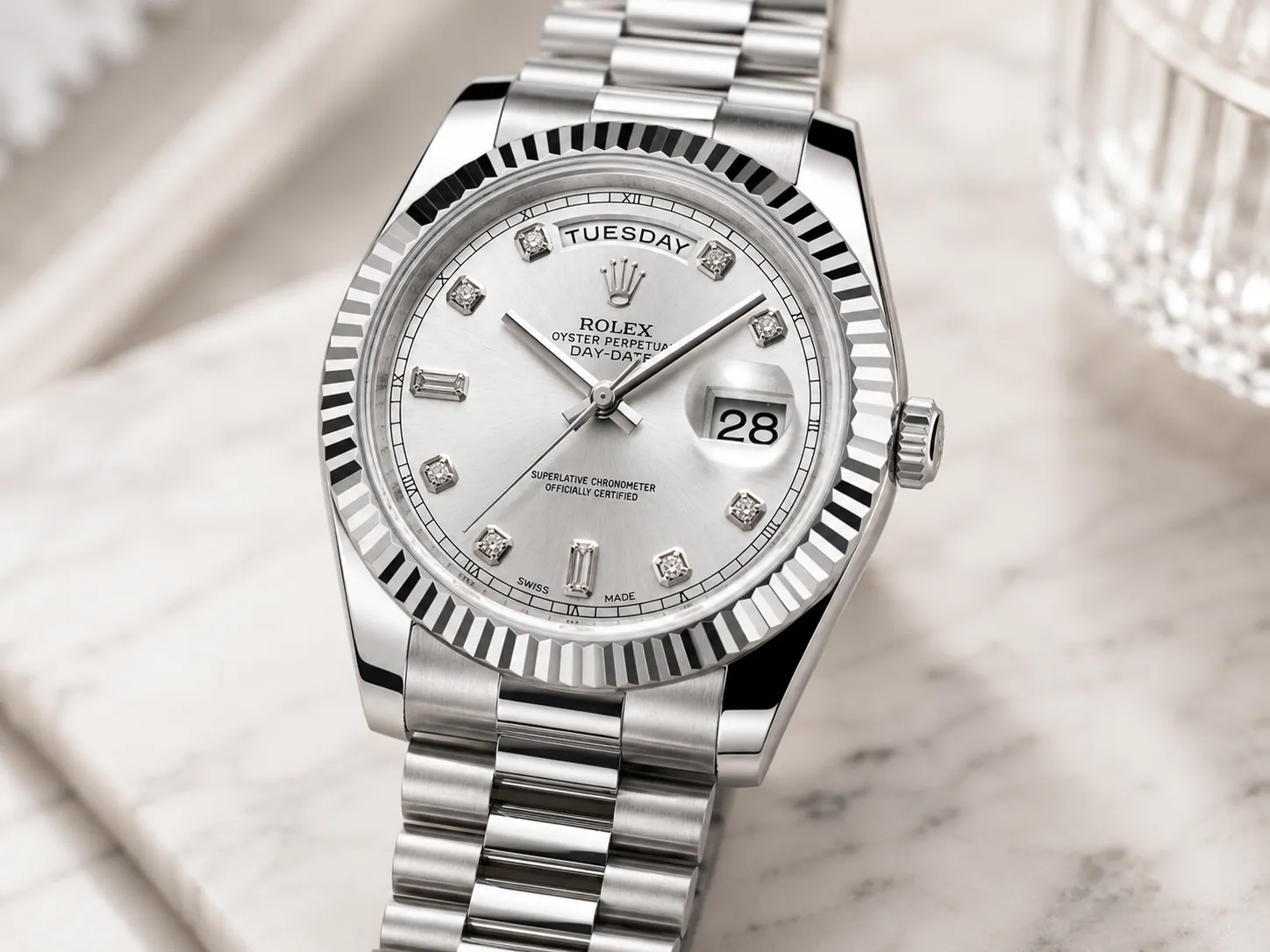 Close-up of a Rolex Day-Date watch featuring a silver sunburst dial, fluted bezel, diamond-set hour markers, day display at 12 o’clock, and magnified date window, photographed in an elegant marble luxury setting.