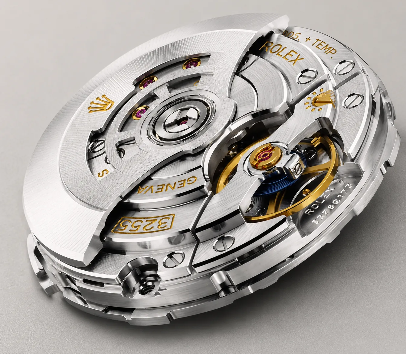 Macro close-up of a Rolex Caliber 3255 automatic movement featuring the precision rotor, balance wheel, jewel bearings, and finely finished mechanical components on a clean studio background.