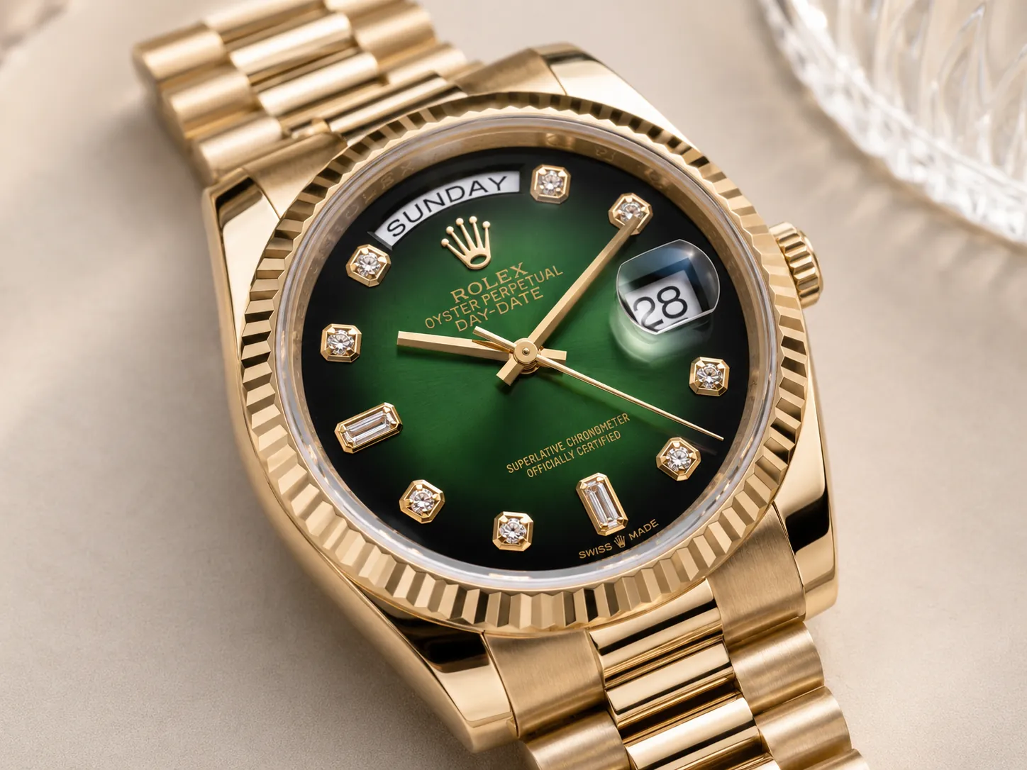 Close-up of a Rolex Day-Date watch featuring a green sunburst dial, fluted gold bezel, diamond-set hour markers, day display at 12 o&rsquo;clock, and magnified date window, photographed in an elegant luxury setting.